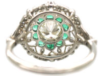 Art Deco Platinum, Emerald & Diamond Target Ring with Diamond Set Shoulders