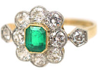 Edwardian 18ct Gold, Emerald & Diamond Cluster Ring with Diamond Set Shoulders