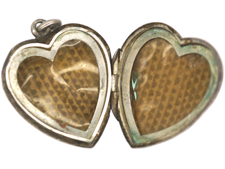 Silver Heart Shaped Locket with Engraved Leaf Motif