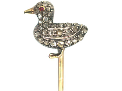 Edwardian Rose Diamond Baby Duck Tie Pin with Ruby Eye