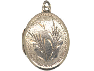 Oval Silver Locket with Incised Leaf Design