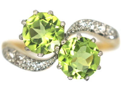 Edwardian 18ct Gold & Platinum Two Stone Peridot & Diamond Crossover Ring