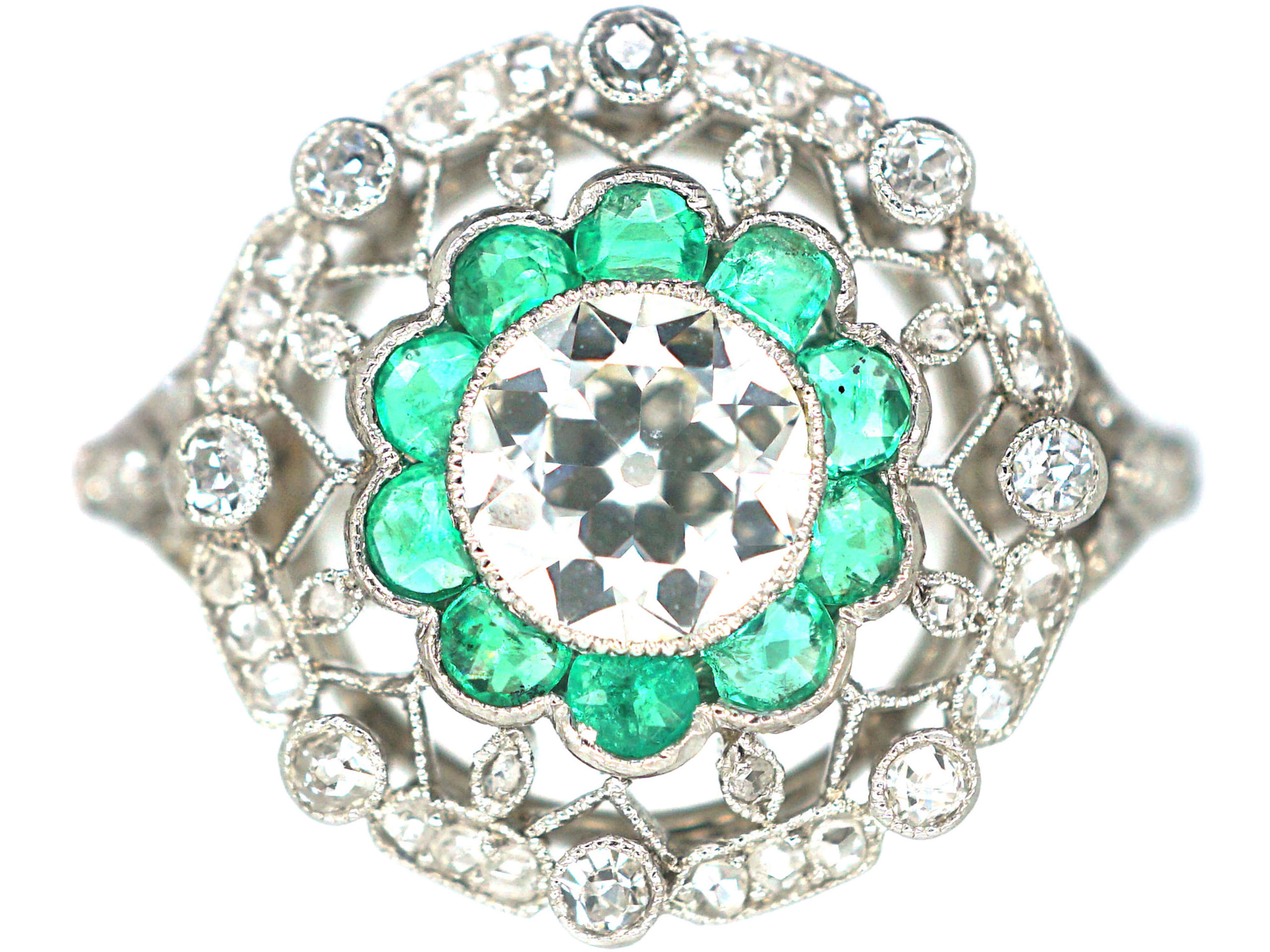 Art Deco Platinum, Emerald & Diamond Target Ring with Diamond Set ...