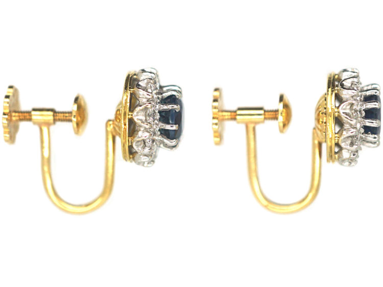 French 18ct Gold, Sapphire & Diamond Cluster Earrings