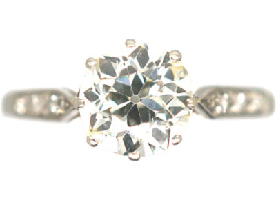 Art Deco Platinum, Diamond Solitaire Ring with Diamond Set Shoulders