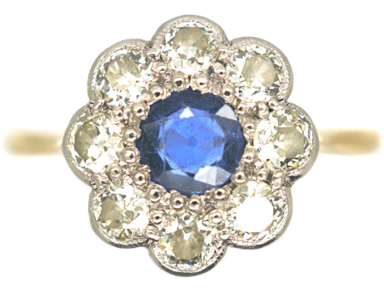 Edwardian 18ct Gold & Platinum Sapphire & Diamond Cluster Ring