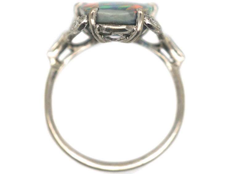 Art Deco 18ct White Gold, Black Opal & Diamond Ring