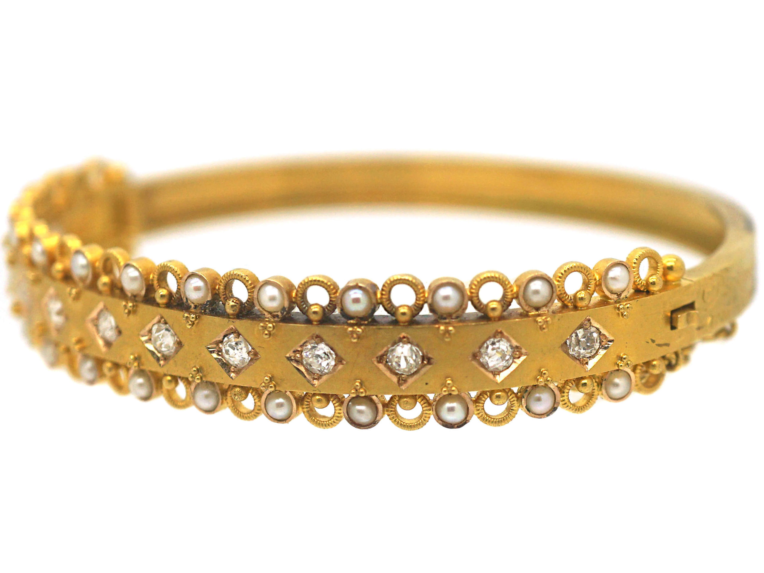 Victorian 18ct Gold Bangle set with Diamonds & Natural Split Pearls ...