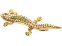 Edwardian 15ct Gold Salamander Brooch set with Natural Split Pearls, Green Garnets & Cabochon Rubies in Original Case