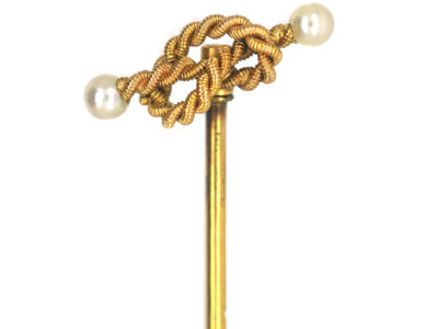 Edwardian 15ct Gold Knot Tie Pin set with Two Natural Pearls