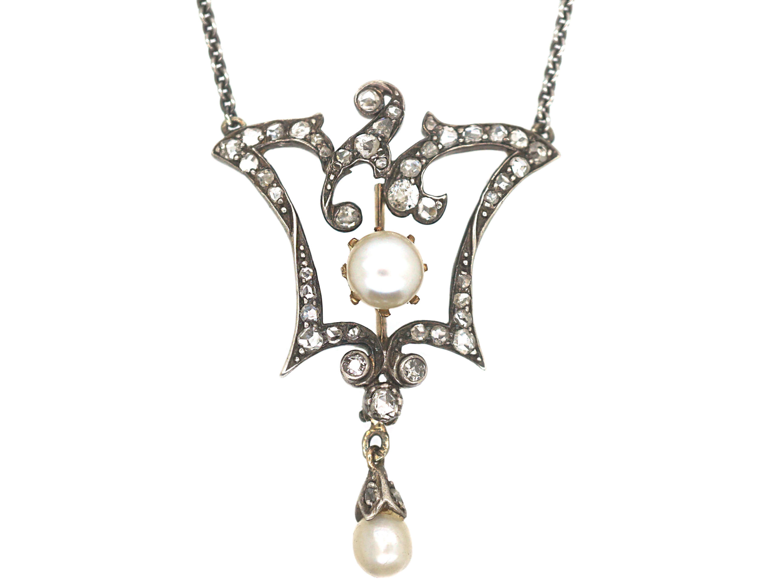 Edwardian Gold & Silver, Diamond & Natural Pearl Pendant on Silver ...