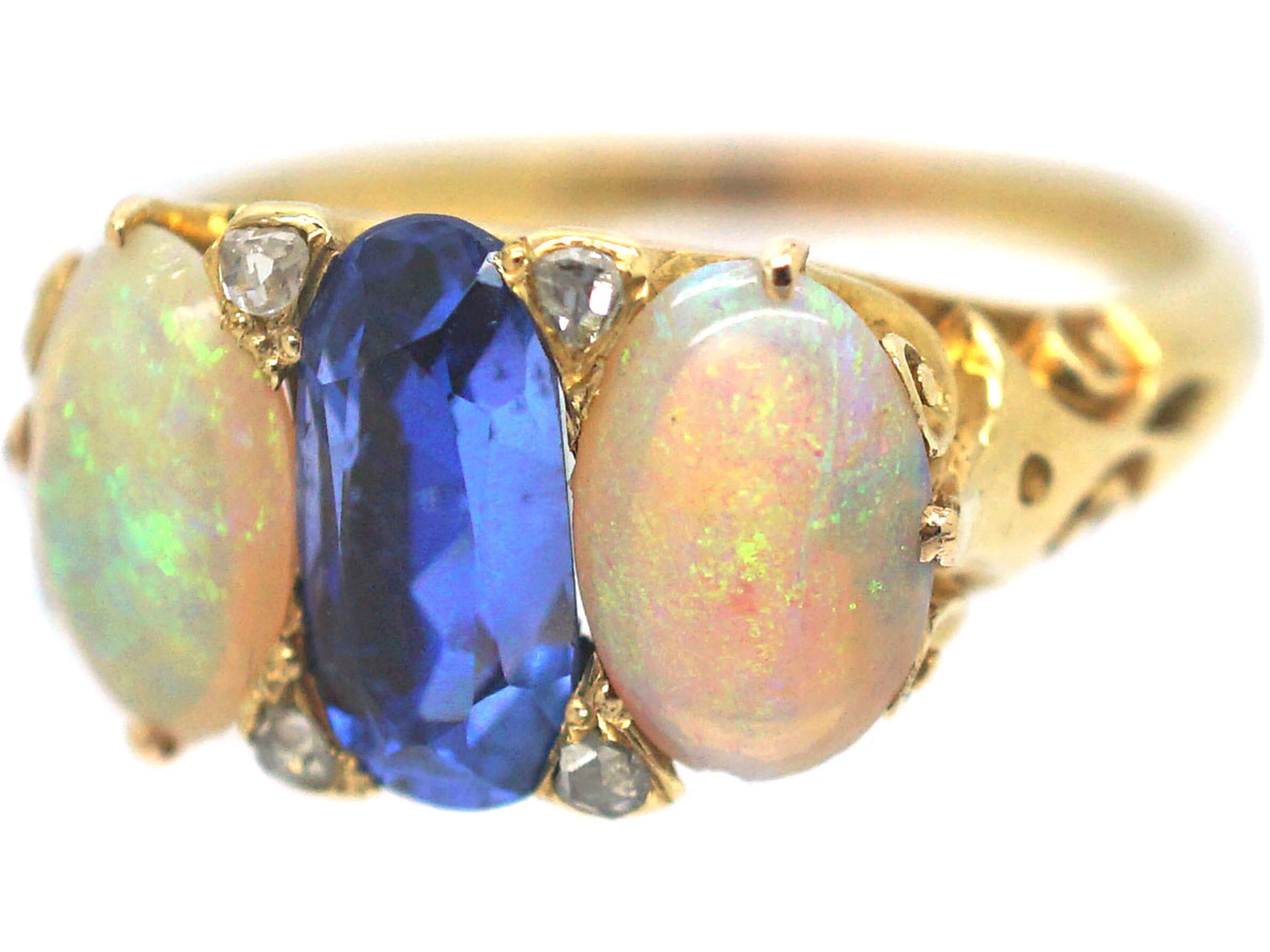 Victorian 18ct Gold Sapphire & Opal Three Stone Carved Half Hoop Ring ...