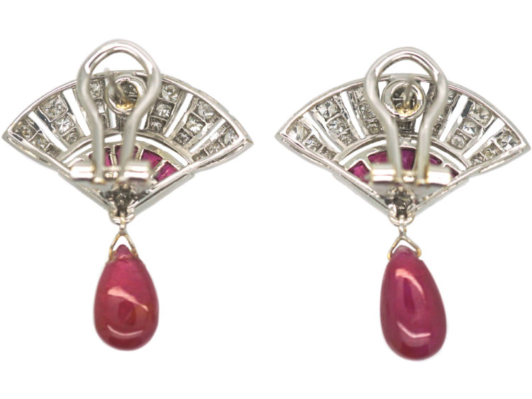 Art Deco 18ct White Gold Ruby & Diamond Fan Earrings