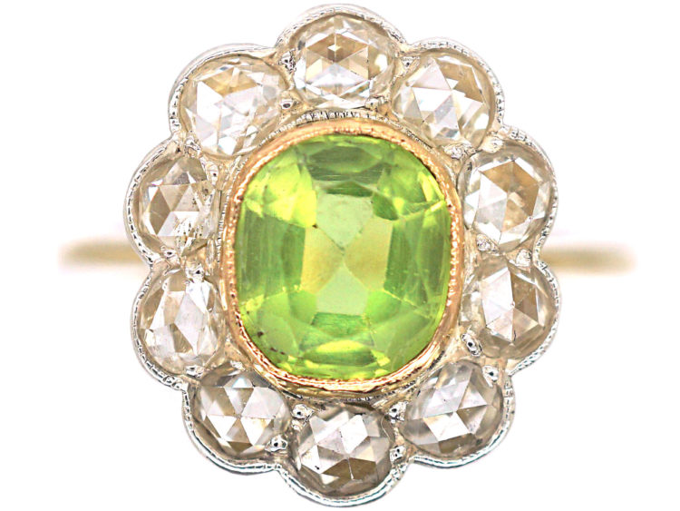 Edwardian 18ct Gold & Platinum, Peridot & Rose Diamond Cluster Ring
