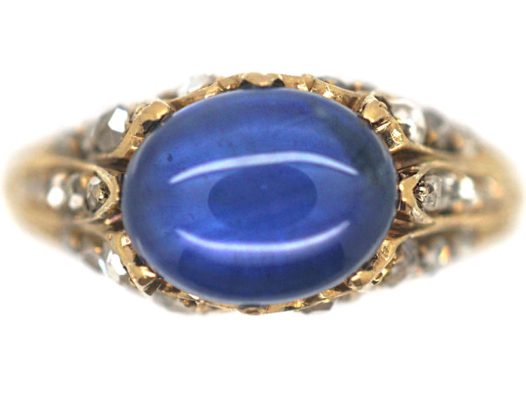 Edwardian 18ct Gold, Cabochon Sapphire & Rose Diamond Ring