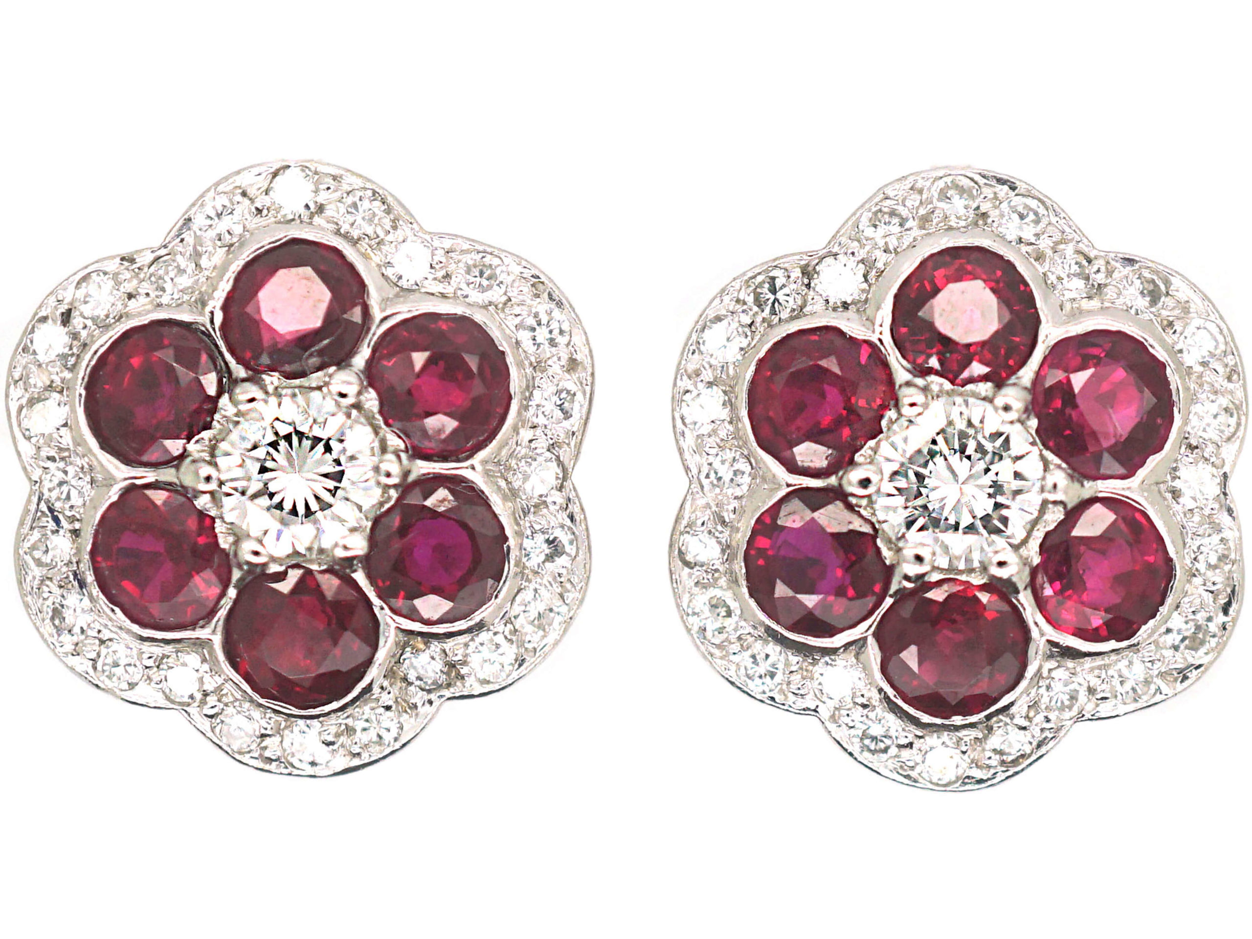 18ct White Gold Ruby & Diamond Cluster Earrings (652P) | The Antique ...