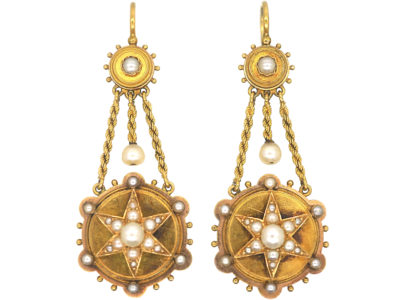 Victorian 18ct Gold & Natural Split Pearl Star Earrings