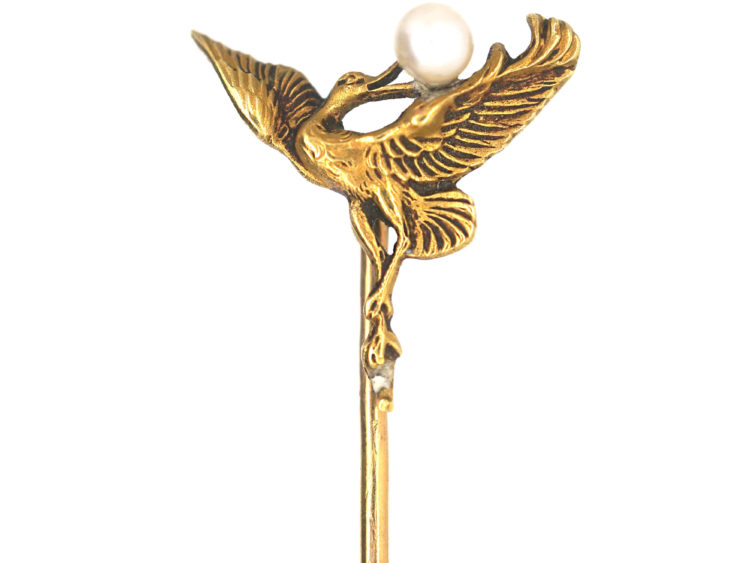 Art Nouveau 18ct Gold Tie Pin of a Stork with a Pearl in its Beak