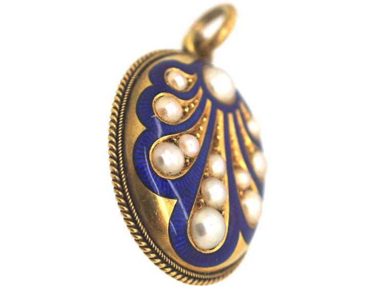 Victorian 18ct Gold Royal Blue Enamel & Natural Split Pearl Pendant with Scallop Motif
