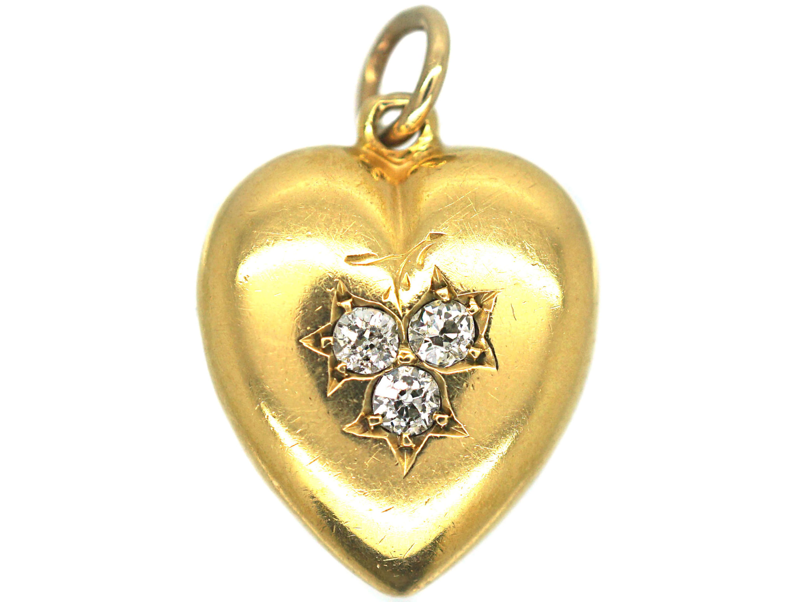 Edwardian 18ct Gold Heart Pendant set with Three Diamonds (586P) The Antique Jewellery Company