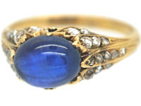 Edwardian 18ct Gold, Cabochon Sapphire & Rose Diamond Ring