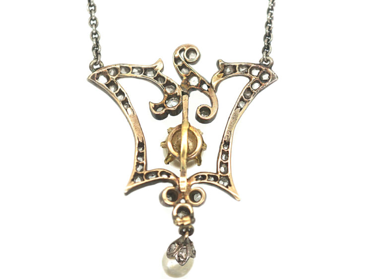 Edwardian Gold & Silver, Diamond & Natural Pearl Pendant on Silver Chain