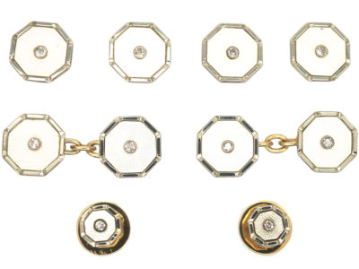 Art Deco 9ct Yellow Gold & 18ct White Gold, Mother of Pearl & Diamonds Cufflinks & Studs Dress Set in Original Case