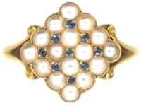 Edwardian 18ct Gold Pave Set Natural Split Pearls & Sapphires Diamond Shaped Ring