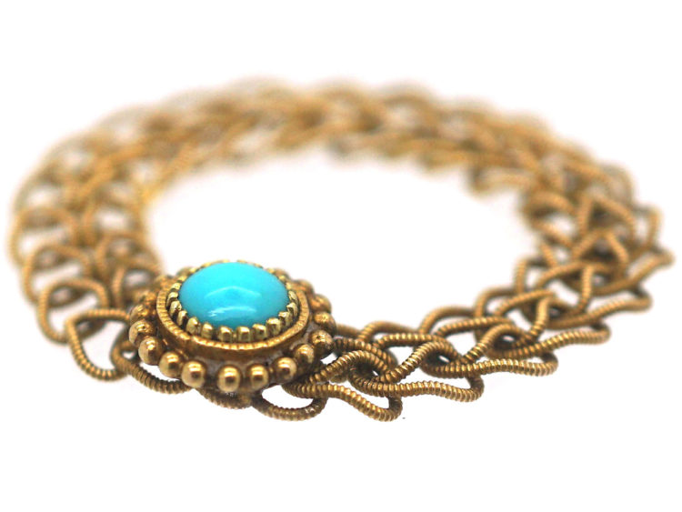 Georgian 18ct Gold Forget Me Not Chain Ring set with a Turquoise