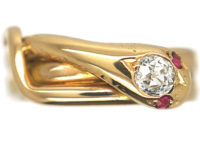 Victorian 18ct Gold Snake Ring with a Diamond Head & Ruby Eyes