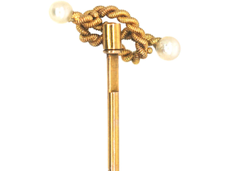 Edwardian 15ct Gold Knot Tie Pin set with Two Natural Pearls