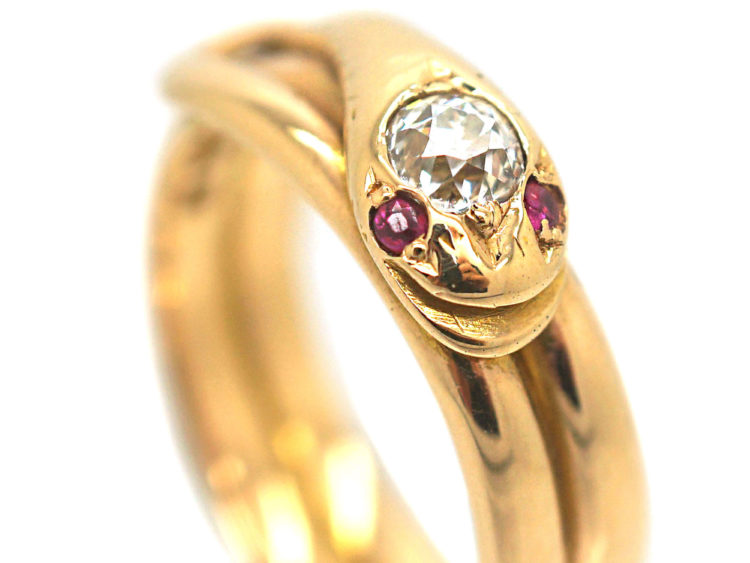 Victorian 18ct Gold Snake Ring with a Diamond Head & Ruby Eyes
