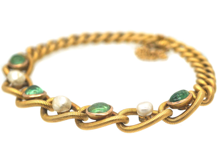 French 18ct Gold, Cabochon Emerald & Natural Pearl Bracelet