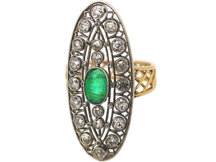 Art Deco Large 18ct Gold & Platinum, Emerald & Diamond Oval Shaped Ring