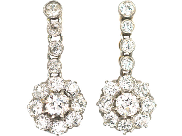 Swedish Early 20th Century 18ct Gold & Platinum, Diamond  Drop Daisy Cluster Earrings