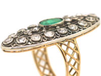 Art Deco Large 18ct Gold & Platinum, Emerald & Diamond Oval Shaped Ring