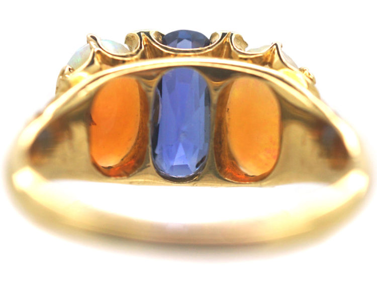 Victorian 18ct Gold Sapphire & Opal Three Stone Carved Half Hoop Ring with Rose Diamond Points