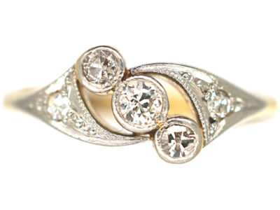 Edwardian 18ct Gold & Platinum, Three Stone Crossover Ring with Diamond Set Shoulders