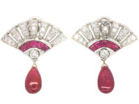 Art Deco 18ct White Gold Ruby & Diamond Fan Earrings