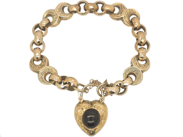 Victorian 9ct Gold Ornate Bracelet with Heart Shaped Padlock set with a Cabochon Garnet