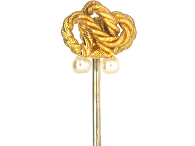 Edwardian 15ct Gold Lover’s Knot Tie Pin with Two Pearls