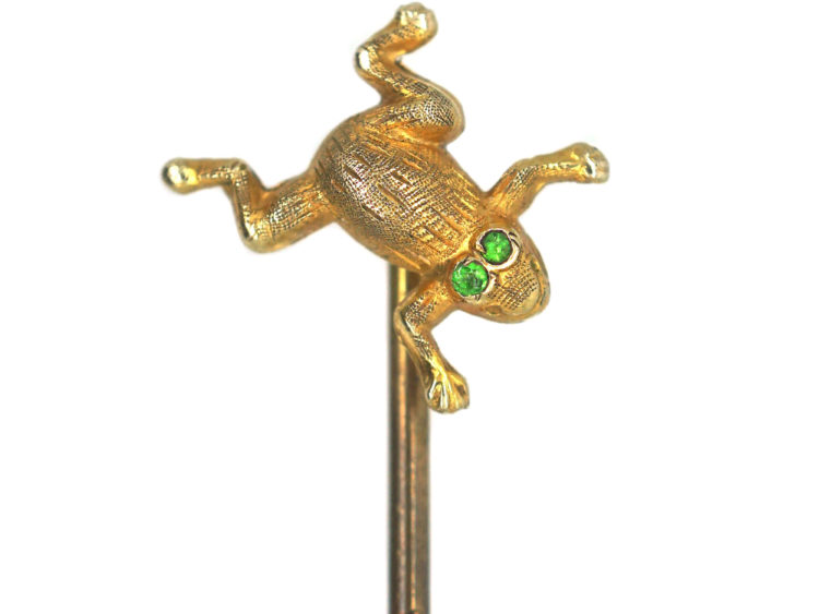 Edwardian 15ct Gold Frog Tie Pin with Green Garnet Eyes