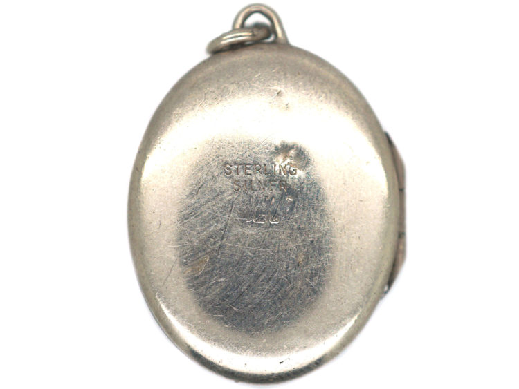 Oval Silver Locket with Incised Leaf Design