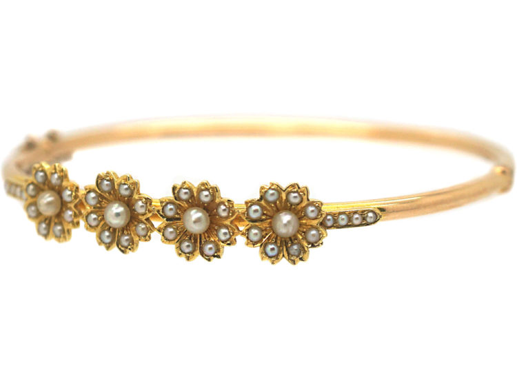 Edwardian 15ct Gold Daisy Design Bangle set with Natural Split Pearls