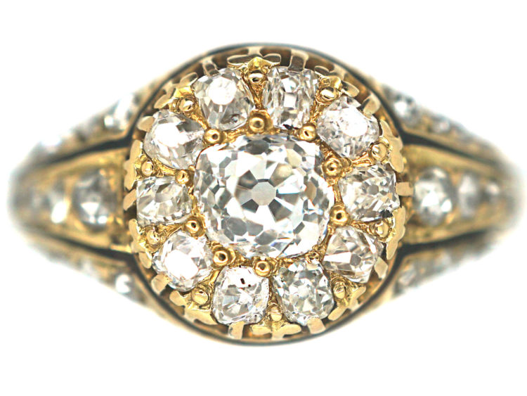 Victorian 18ct Gold & Diamond Cluster Ring with Black Enamel