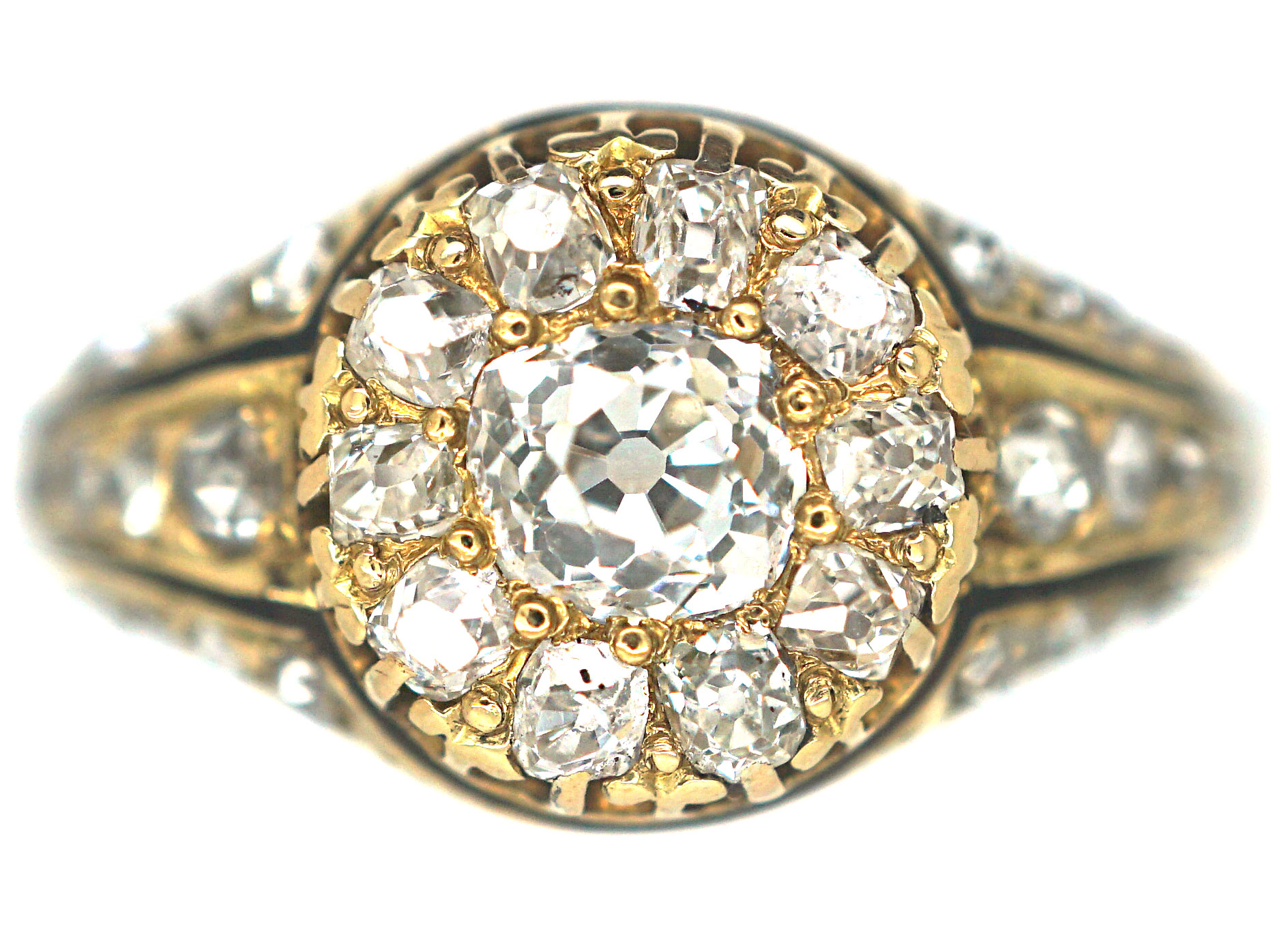 Victorian 18ct Gold & Diamond Cluster Ring with Black Enamel (504P ...