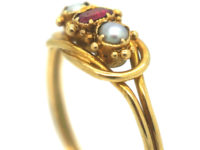 Early Victorian 18ct Gold, Ruby & Natural Pearl Lover's Knot Design Ring