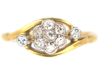 Edwardian 18ct Gold & Platinum Diamond Cluster Ring with Diamond Set Shoulders