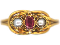 Early Victorian 18ct Gold, Ruby & Natural Pearl Lover's Knot Design Ring