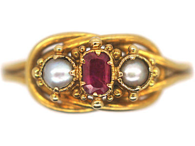 Early Victorian 18ct Gold, Ruby & Natural Pearl Lover’s Knot Design Ring